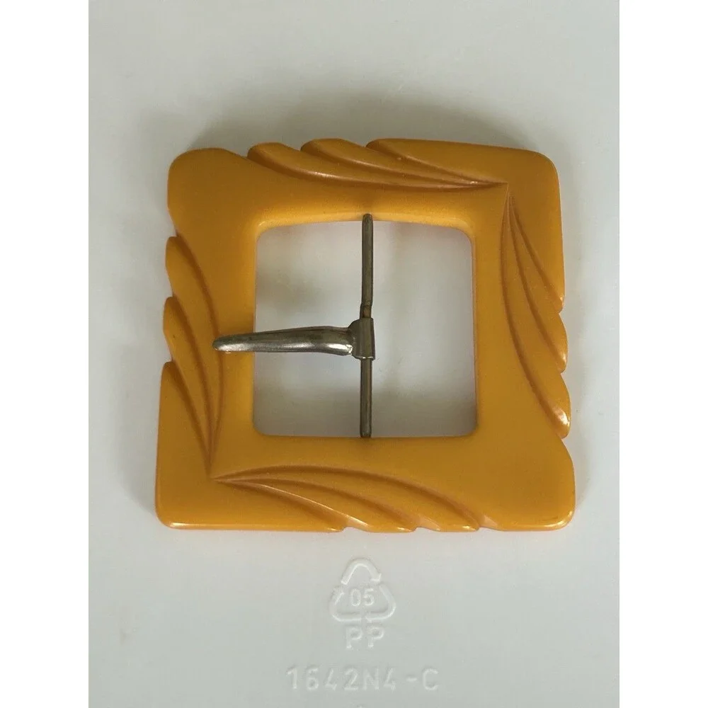 Vintage Carved Bakelite Butterscotch Belt Buckle Square Etched